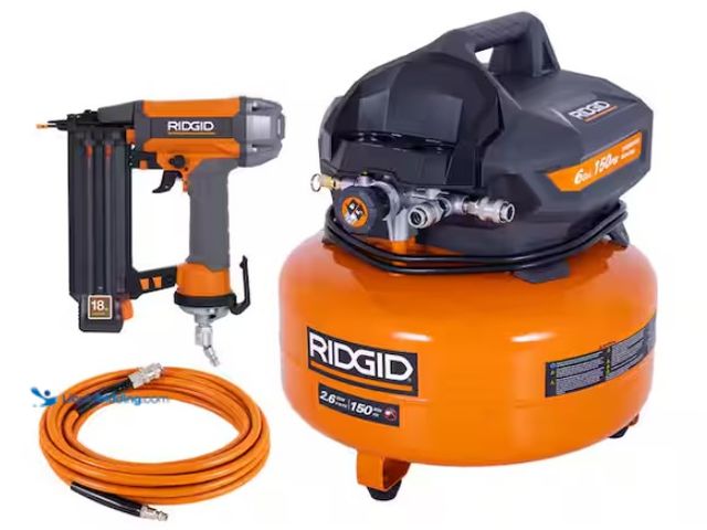 Lot 49-3470901 - RIDGID 6 Gal. 150 PSI Portable Electric Oil-Free Jobsite Pancake Air Compressor with 25 ft. Air Hose...
