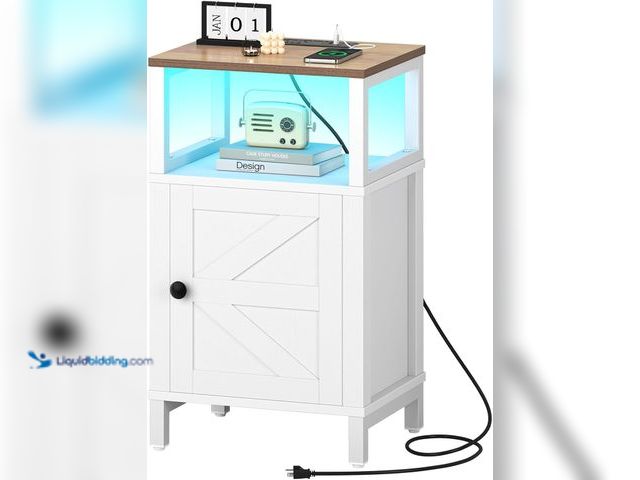 Lot 49-5437254 - Yoobure Farmhouse Nightstand with Charging Station, Wood Night Stand End with USB Ports, LED Bed Sid...