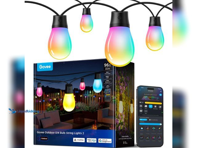 Lot 49-5473088 - Govee S14 Bulb Outdoor String Lights 2, 96ft Smart RGBIC Warm White Patio Lights with 15 LED Bulbs, ...