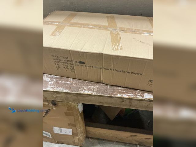Lot 49-5554354 - hand sanitizer stand with sign and trash bin no dispenser matte black. Model TAR-2149. Unused