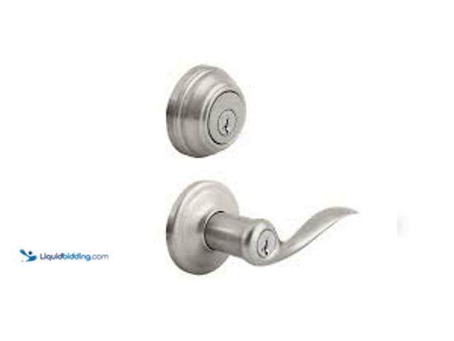 Lot 49-5415540 - Kwikset Tustin Satin Nickel Exterior Entry Door Handle and Single Cylinder Deadbolt Combo Pack Featu...