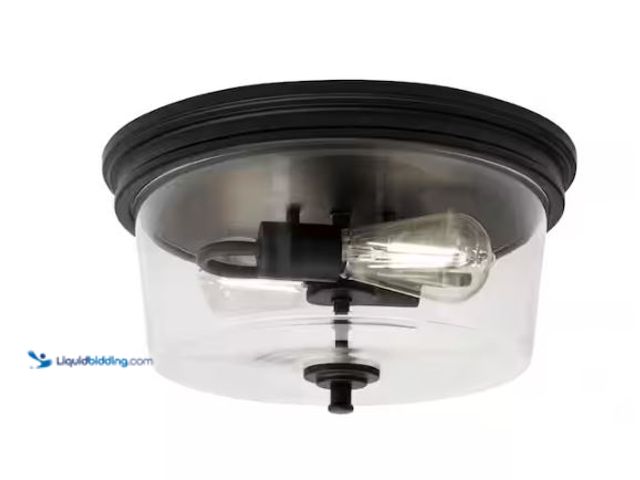 Lot 49-1624776 - Hampton Bay Manor 13 in. Matte Black Round Flush Mount, Industrial Ceiling Light with Clear Glass Sh...