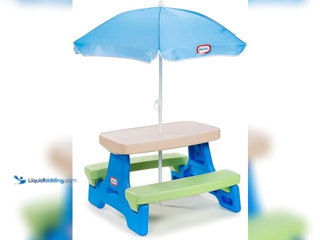 Lot 49-5407742 - Little Tikes Easy Store Jr. Picnic Table with Umbrella - Blue / Green. Used