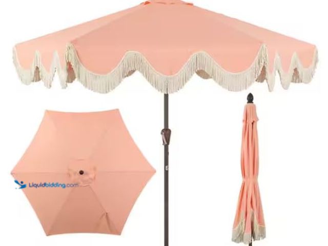 Lot 49-1569090 - JONATHAN Y Collins 9 ft. Tassel Market Patio Umbrella with Auto-Tilt, Crank, Wind Vent and UV Protec...