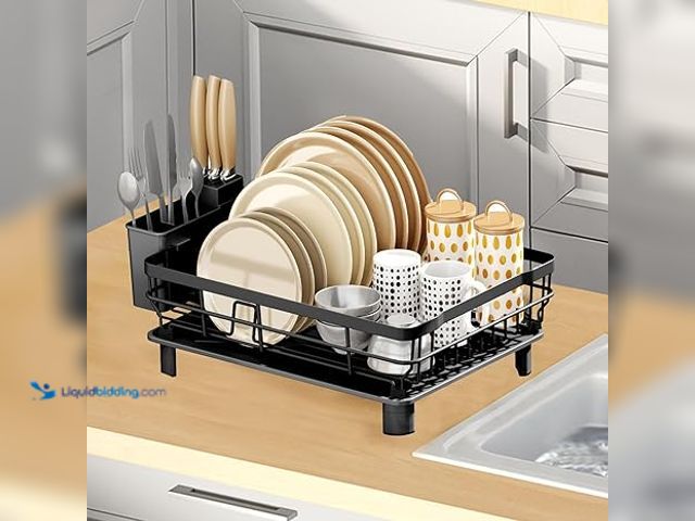 Lot 49-5448514 - GAXmi Dish Drying Rack Over The Sink Drainer with Drainboard Utensil Holder, 1-Tier Black. Model: b0...