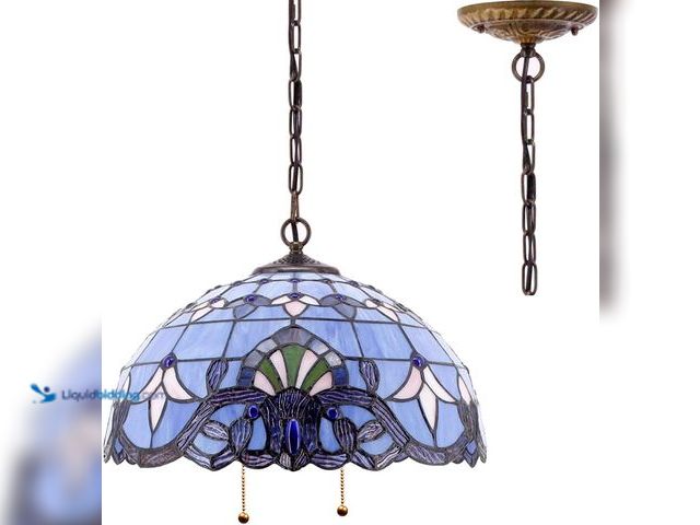 Lot 49-5476555 - WERFACTORY Tiffany Pendant Light Fixture Blue Purple Baroque Stained Glass Hanging Lamp Wide 16 Inch...