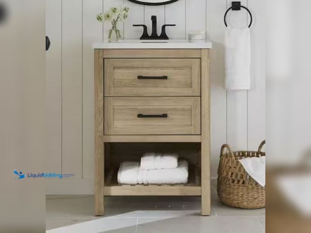 Lot 49-1577116 - Home Decorators Collection Autumn 24 in. Single Sink Weathered Tan Bath Vanity with White Engineered...