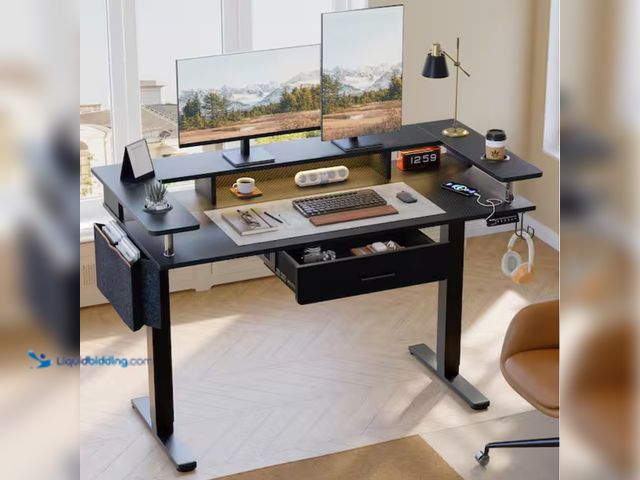 Lot 49-2000181 - Bestier 58 in. Rectangular Black Carbon Fiber Wood Sit to Stand Desk with Monitor Stand, Computer De...