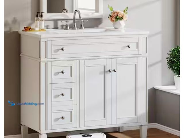 Lot 49-1575578 - BYBLIGHT 36 in. Single Sink Freestanding White Bath Vanity with White Cultured Marble Top, Model # H...