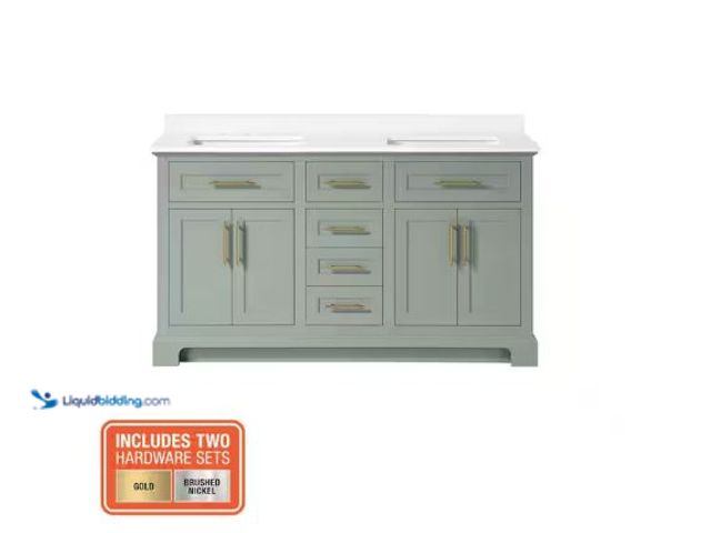 Lot 49-5510416 - Home Decorators Collection
Doveton 60 in. Double Sink Freestanding Sage Green Bath Vanity with Whit...