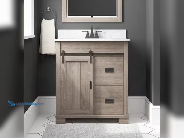 Lot 49-2000073 - Glacier Bay Brindley 30 in. Single Sink Freestanding Weathered Gray Bath Vanity with White Engineere...