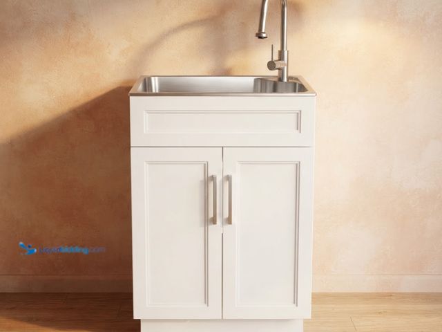 Lot 49-1636813 - Glacier Bay 24 in. Drop-In Stainless Steel Laundry Sink with Assembled Cabinet in White with Faucet ...