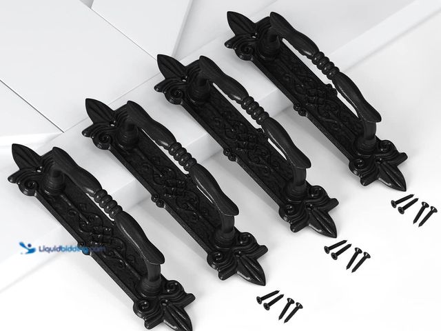 Lot 49-3529140 - SMARTSTANDARD Heavy Duty 9" Antique Barn Door Handle Set of 4, Large Rustic Carved Door Pull, for Ga...