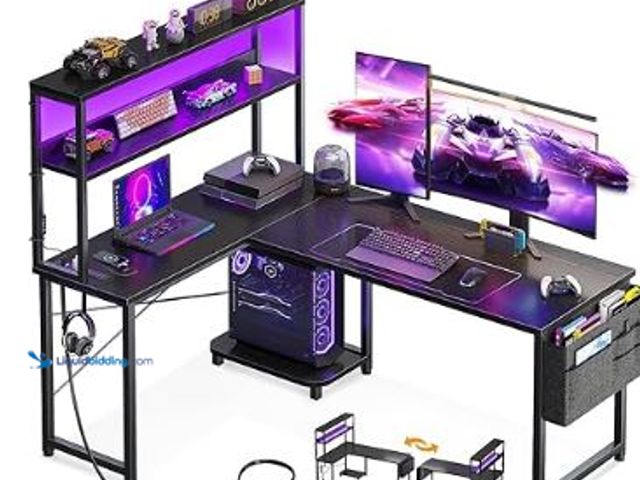 Lot 49-1513953 - AODK L Shaped Desk Gaming Desk with LED Light & Power Outlet, 53 Inch Reversible L Shaped Computer T...