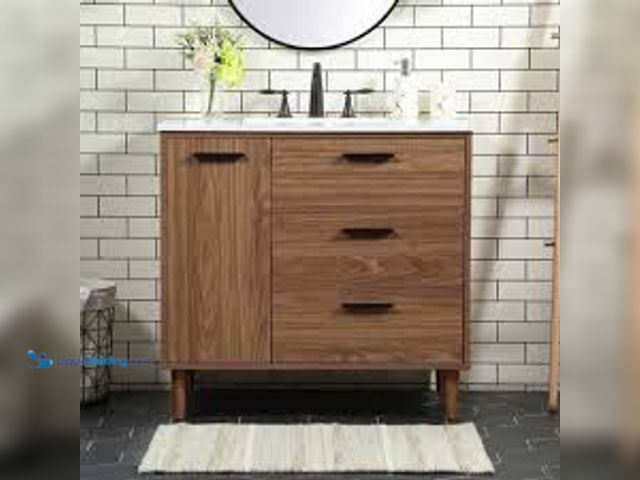 Lot 49-5549724 - 46" W x 22" D x 34" Tall Brown Vanity with White Marble Top (single sink), matte black handles. Unus...