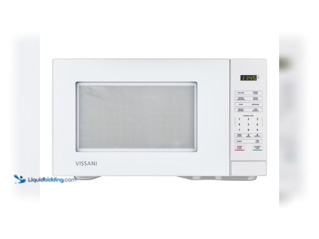Lot 49-5453319 - Vissani 1.1 cu. ft. Countertop Microwave Oven in White. [Model # HVM1110W3] Unused. Powers on