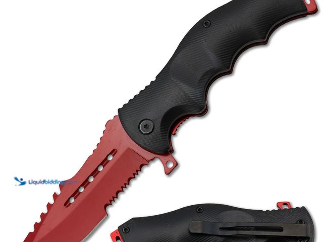 Lot 49-5393653 - Tactical Spring Assisted Folding Knife 8.5" Black Handle with Red Multi-Use Blade - NEW - This sprin...