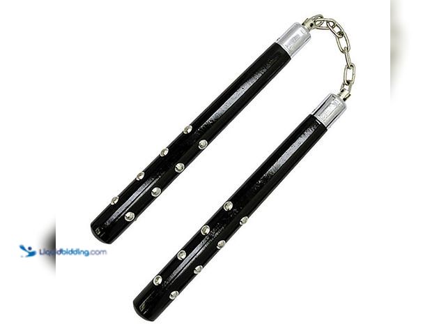 Lot 49-1817349 - Wooden Round Nunchaku 12" Black with Chrome Studs - NEW - Features black finish wood construction wi...