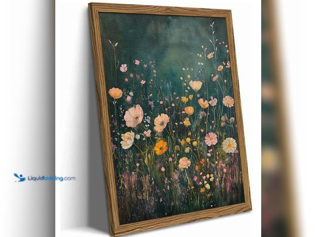 Lot 49-1551257 - Framed 3D Textured Vintage Wildflower Wall Art, Green Flower Wall Decor Painting, Hand Drawn Sandsto...