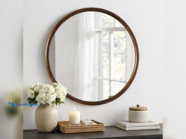 Lot 49-5553587 - Elevatehome 36 in. W x 36 in. H Modern Round Brown Pine Wooden Framed Wall Bathroom Vanity Mirror Mo...