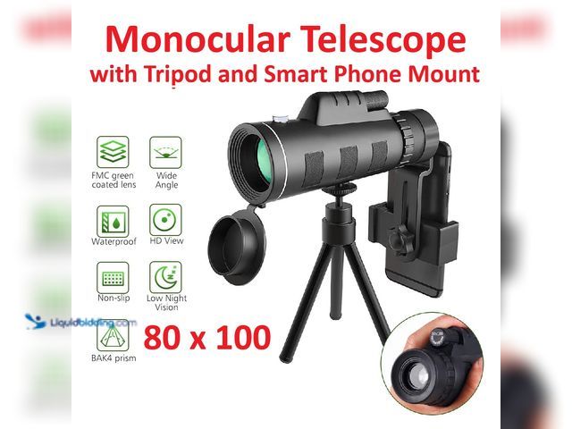 Lot 49-1616214 - Monocular Telescope with Tripod and Smart Phone Mount 80 x 100 Magnification - NEW - The high-qualit...