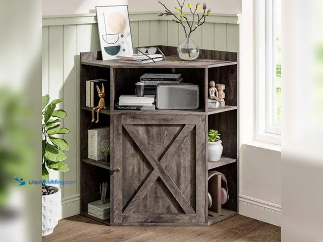 Lot 49-1555644 - Corner Storage Cabinet with USB Ports&Outlets, Greyish Wood, Model# J4Q004GR0M, Unused.  Ref#BULK112...