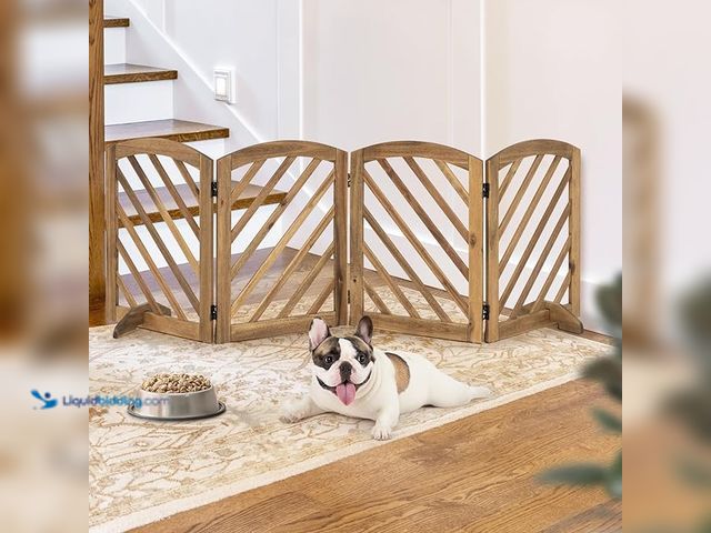 Lot 49-5408258 - dCee Acacia Wood Dog Gate Indoor, Freestanding Foldable Pet Gate, Adjustable Width, 24 Inch Height, ...