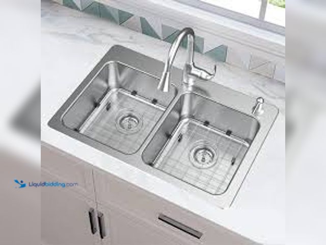 Lot 49-5485458 - Glacier Bay Bratten 33 in. Drop-In 50/50 Double Bowl 18 Gauge Stainless Steel Kitchen Sink with Acce...