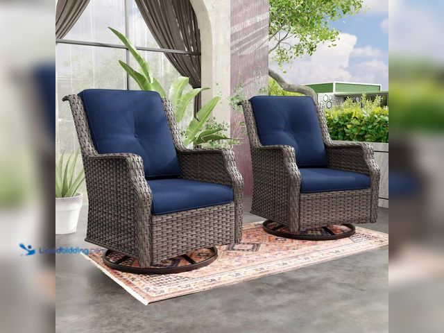 Lot 49-5406442 - Joy side Wicker Patio Outdoor Lounge Chair Swivel Rocking Chair with Blue Cushions (2-Pack), Model #...