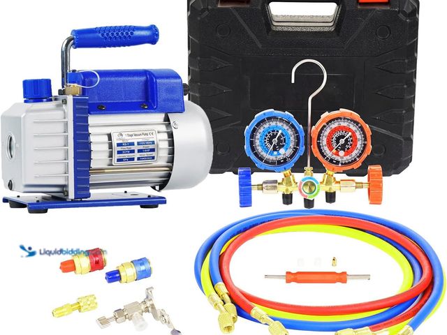 Lot 49-5448703 - 3.5CFM 1/4HP Single-Stage Vacuum Pump with 3-Way Manifold Gauge Set for HVAC Refrigeration - Compati...