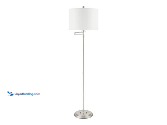 Lot 49-5406857 - Hampton Bay Loring 59.75 in. Brushed Nickel Swing Arm Floor Lamp with White Fabric Shade, Model#1009...