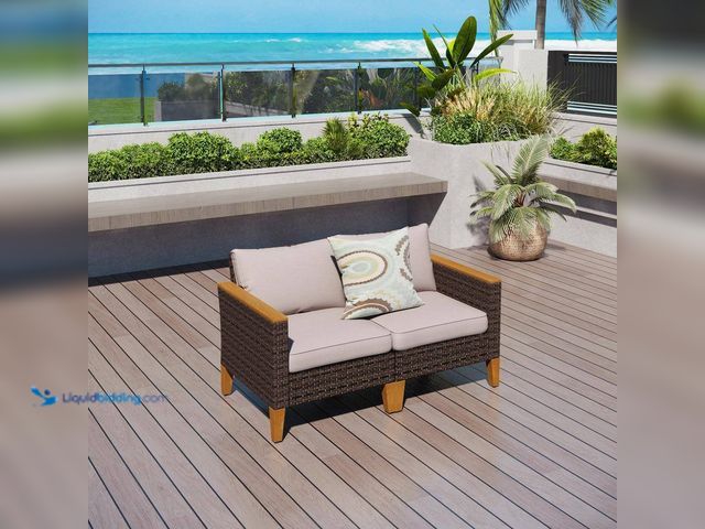 Lot 49-5409078 - Dark Brown Rattan Wicker Outdoor Patio Single Arm Lounge Chairs with Beige Cushions (2-Pack) Unused