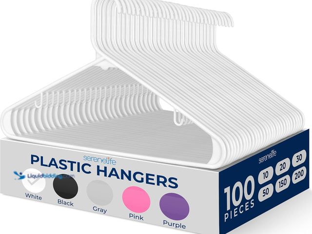 Lot 49-1557347 - (100-Pack) SereneLife Plastic Hangers, Standard Space-Saving Hangers, Durable Heavy Duty Clothes Han...