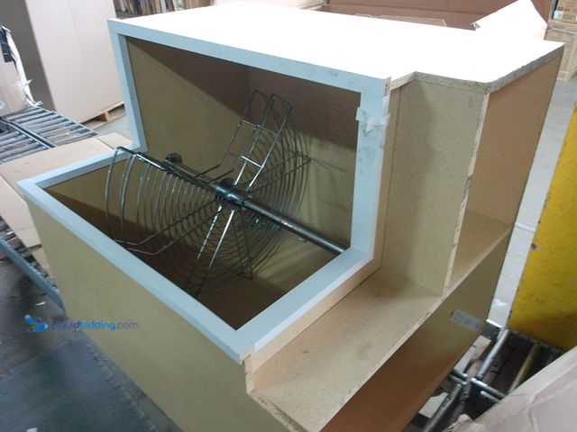 Lot 49-1548748 - 33in x 21in x 34.5in White Wooden Corner Lazy Susan Cabinet With 2 Spinning Spice Racks, Slightly Us...