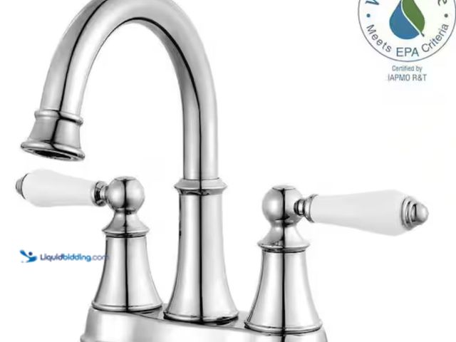 Lot 49-1631234 - Pfister Courant 4 in. Centerset 2-Handle Bathroom Faucet in Polished Chrome with White Handles, Mode...
