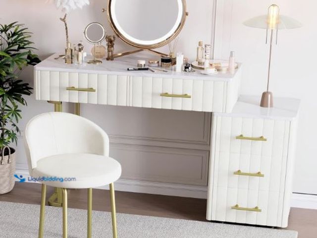 Lot 49-1569791 - Wantble Makeup Desk with Padded Chair, Velvet Upholstered Vanity Set with 5 Big Drawers, Marble-Look...