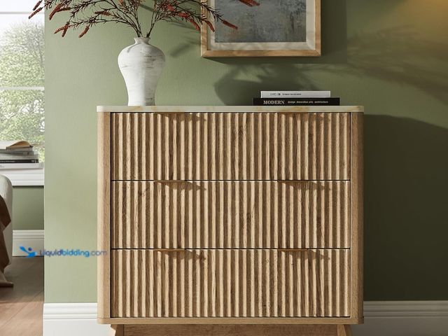 Lot 49-3481668 - T4TREAM 32" Tall Fluted Nightstand, Modern Side Table with Faux Marble Top, 3 Drawers End Table w/St...