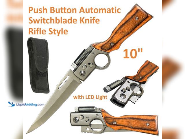 Lot 49-1616242 - Rifle Style Push Button Automatic Switchblade Knife 10" with LED Light and Wood Handle - NEW - The F...