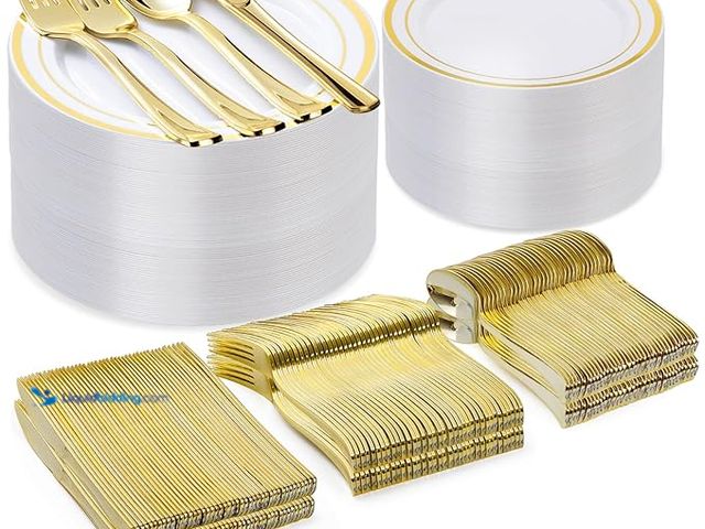Lot 49-3600424 - BESTVIP 300PCS Gold Plastic Plate Set (50 Guests), Plastic Plates for Party Wedding Birthday, Dispos...