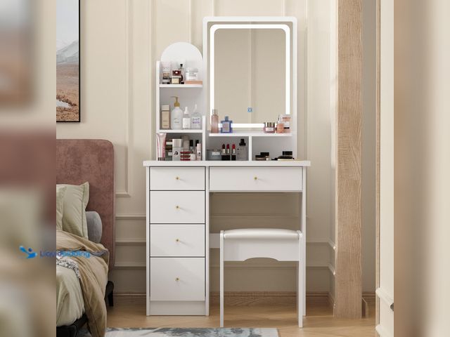 Lot 49-5487423 - FUFU&GAGA Vanity Set with Rectangular Mirror, Makeup Vanity Dressing Table with 5 Drawers, Shelves, ...