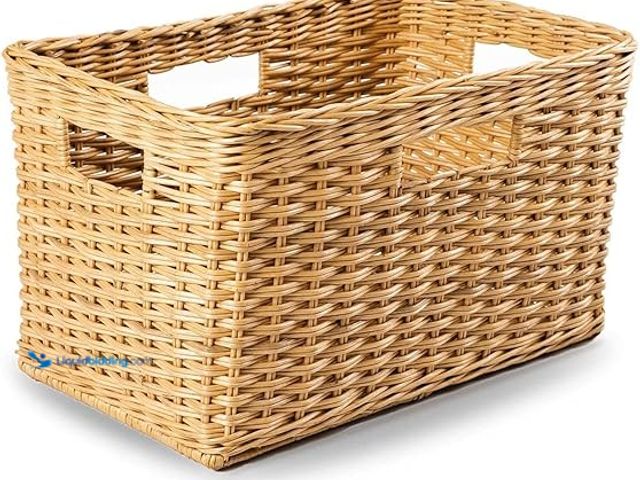 Lot 49-5407235 - The Basket Lady Tall Rectangular Wicker Storage Basket, Medium, 20 in L x 13 in W x 11 in H, Sandsto...