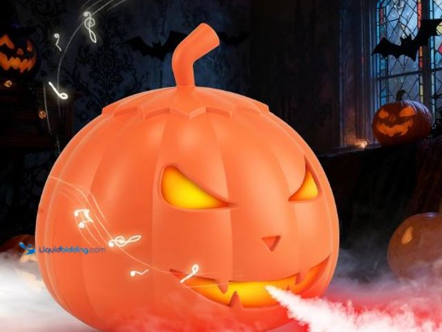 Lot 49-3473745 - Spooky Halloween Fog Machine with 12 LED Colors, Bluetooth Speaker & Remote Control, Pumpkin Hallowe...