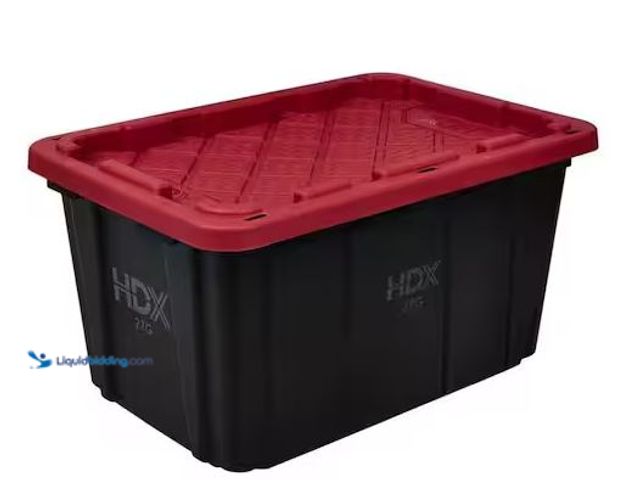 Lot 49-5486979 - HDX
27 Gal. Tough Storage Tote in Black and Red Internet # 341048305 Item is unused in a PK of 5, n...