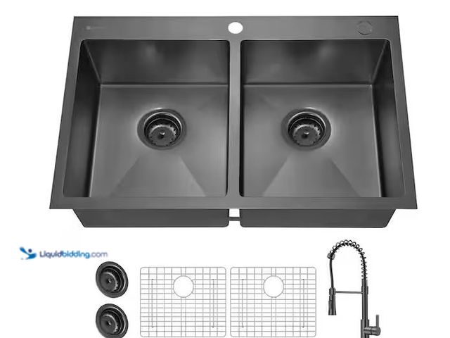 Lot 49-5579992 - Glacier Bay
33 in. Drop-In 50/50 Double Bowl Kitchen Sink, Gunmetal Black PVD Finish, 18 Gauge 304 ...