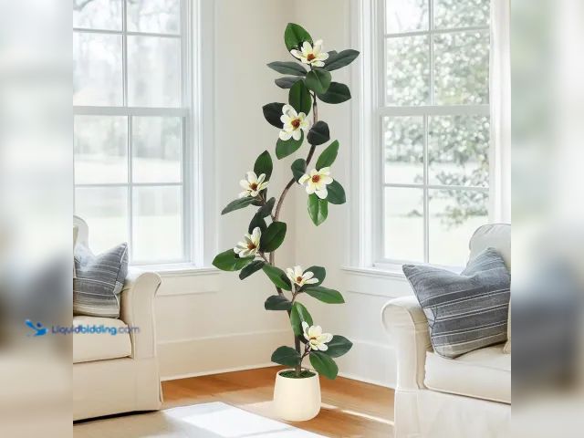 Lot 49-1572244 - Garvee Rubber Tree 5ft Artificial Tree in White Planter Pot, Faux Plants Indoor Faux Floor Plant Art...