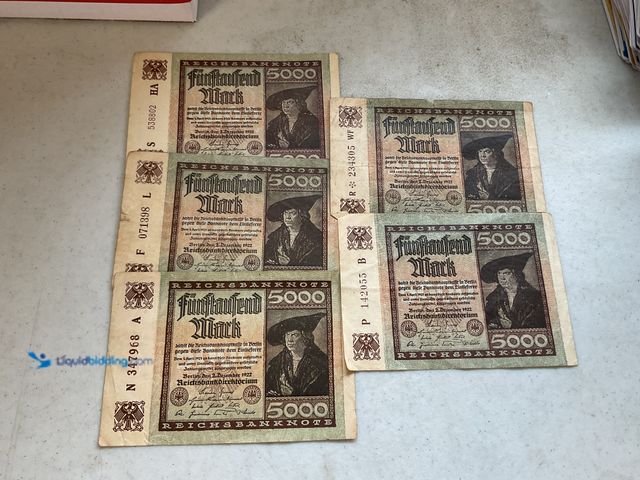 Lot 49-1505252 - COLLECTIBLE RARE FOREIGN CURRENCY! LOT OF 5 REICHSBANKNOTE 5000 MARK FROM 1922 GERMANY #COINS1211