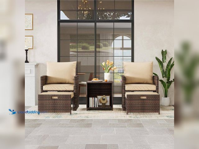 Lot 49-5512222 - 5 Piece Brown PE Rattan Wicker Patio Conversation Set with Gray Cushions, Storage Side Table for Gar...
