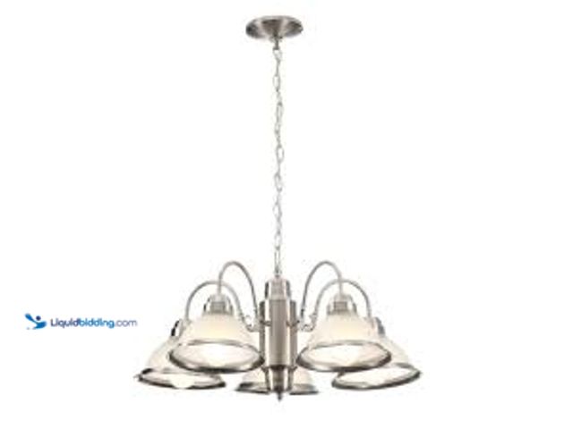 Lot 49-5407274 - Hampton Bay  Halophane 5-Light Brushed Nickel Chandelier with Frosted Ribbed Glass Shades. Model # W...
