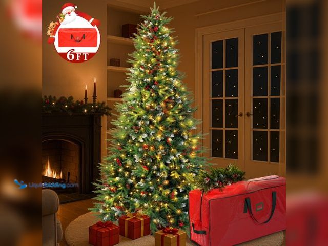 Lot 49-1547290 - Yexmas  6ft Spray White Pre-Lit Artificial Christmas Trees, Green Xmas Tree with Large Christmas Tre...