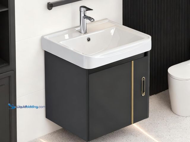 Lot 49-5463280 - 17-inch Grey-Gold Floating Mini Bathroom Vanity Unit with Sink Basin Set,Wall-Mounted Washbasin Vani...